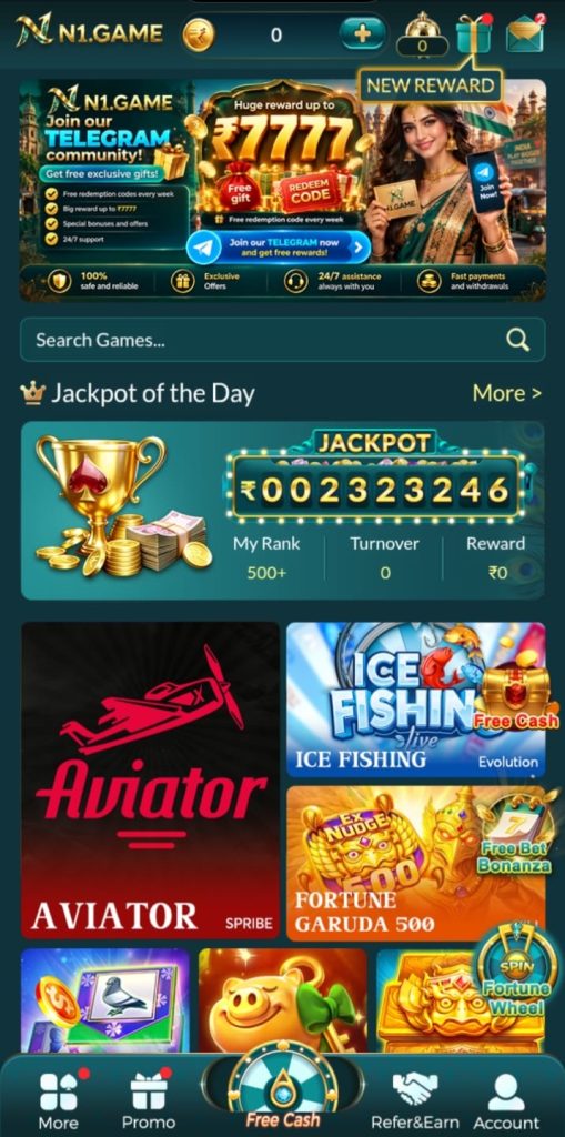 N1 Game app interface showing jackpot games, Aviator, Ice Fishing, Fortune Garuda, and account options