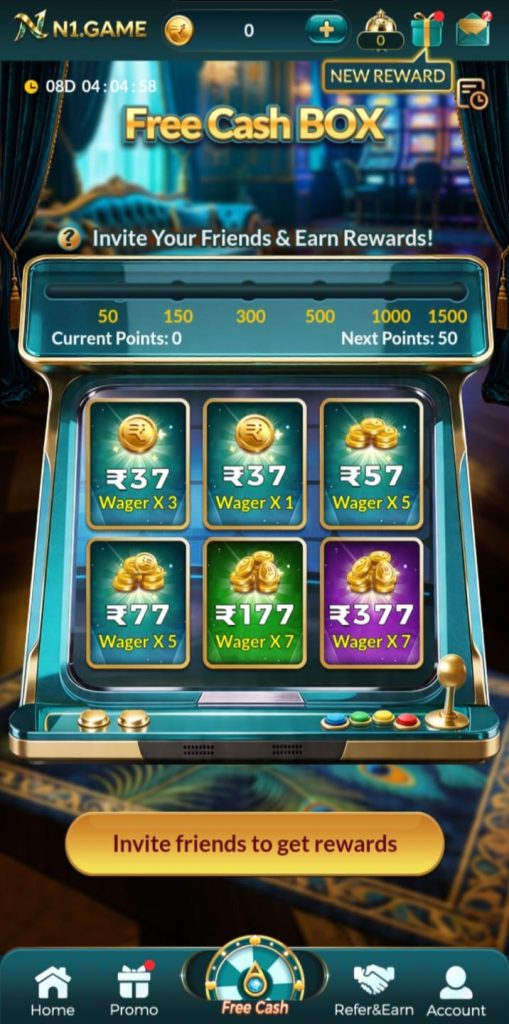 N1 Game Free Cash Box screen showing invite rewards and points-based reward options